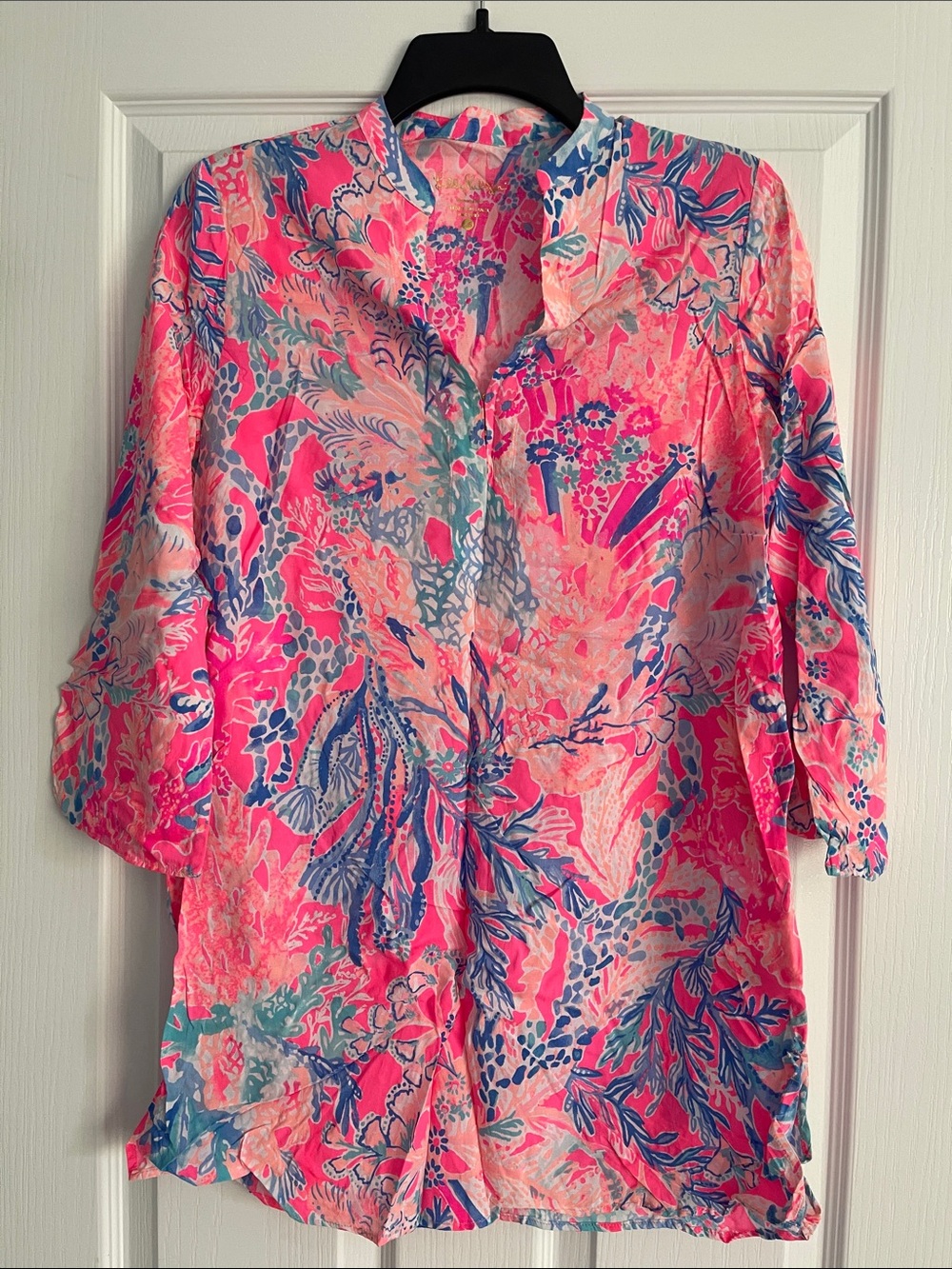 Lilly Pulitzer Pink Floral Button-Front Tunic with Blue & Cream Accents